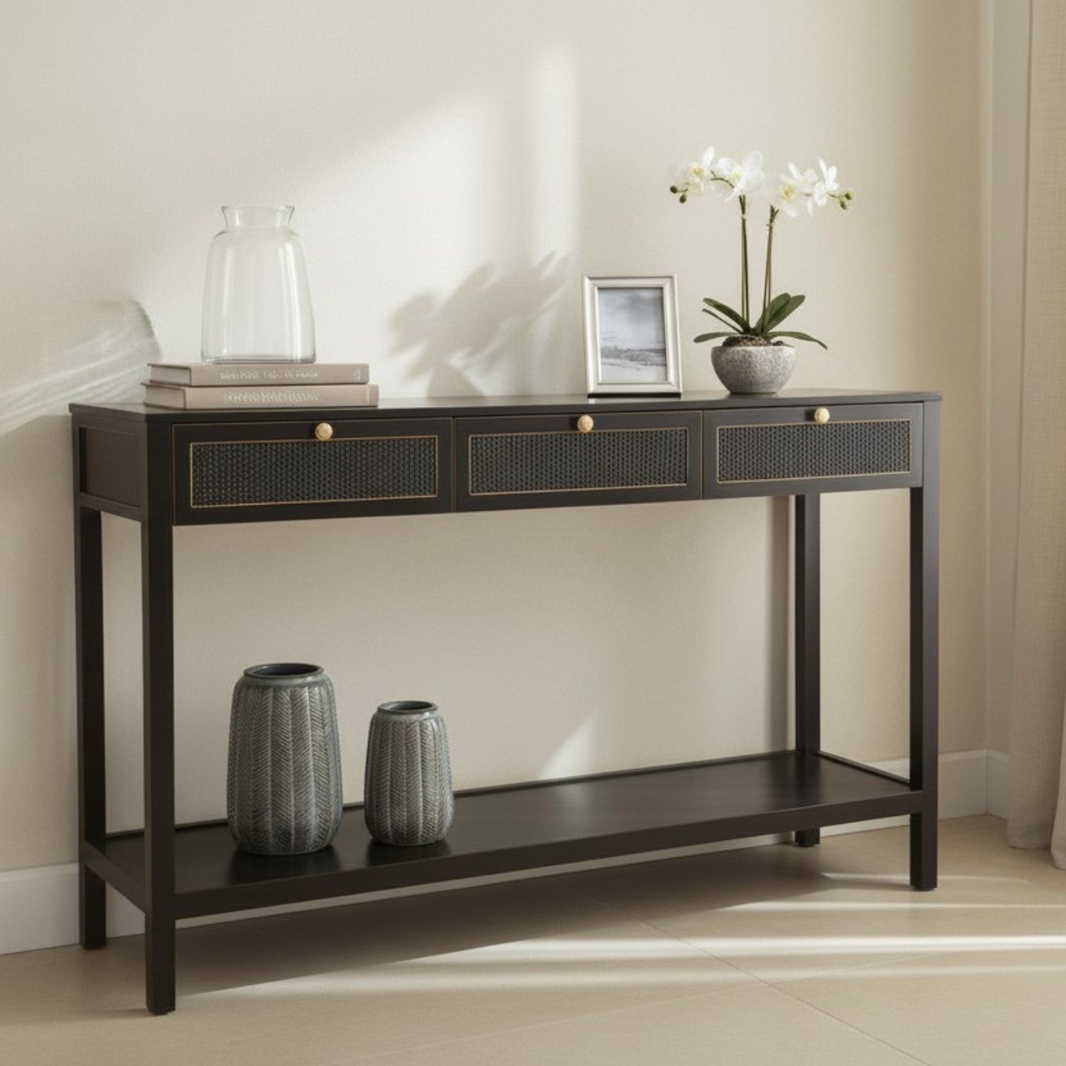 ARRIMO 3 CAJONES RATAN NEGRO,150x35x85 CM