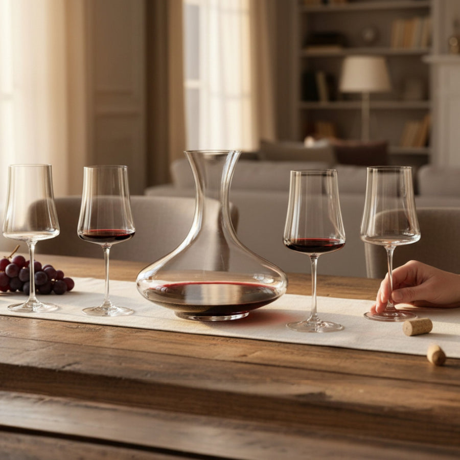 JUEGO 4 COPONES TRENTO Y DECANTADOR BOHEMIA, 5 PZ