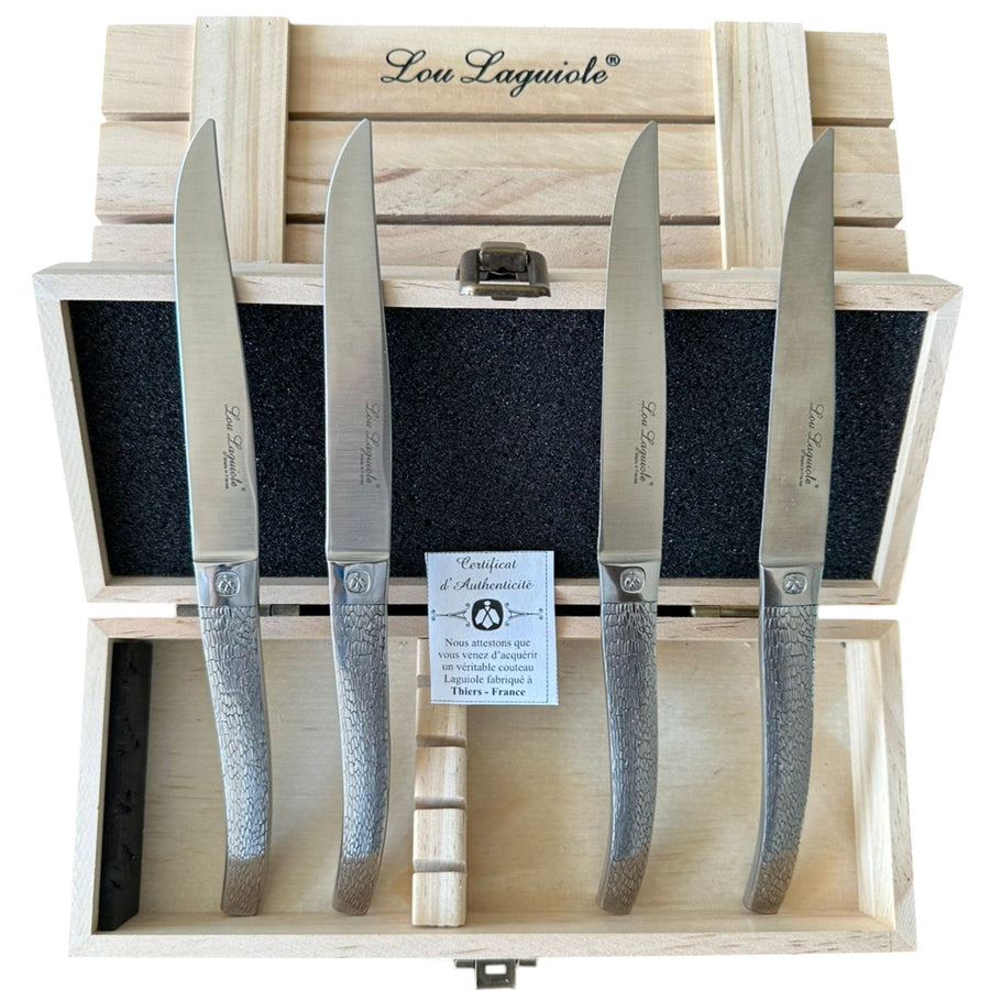 SET 4 CUCHILLOS CARNE ALPHONSE ECORCE LOU LAGUIOLE, CAJA MADERA🇫🇷
