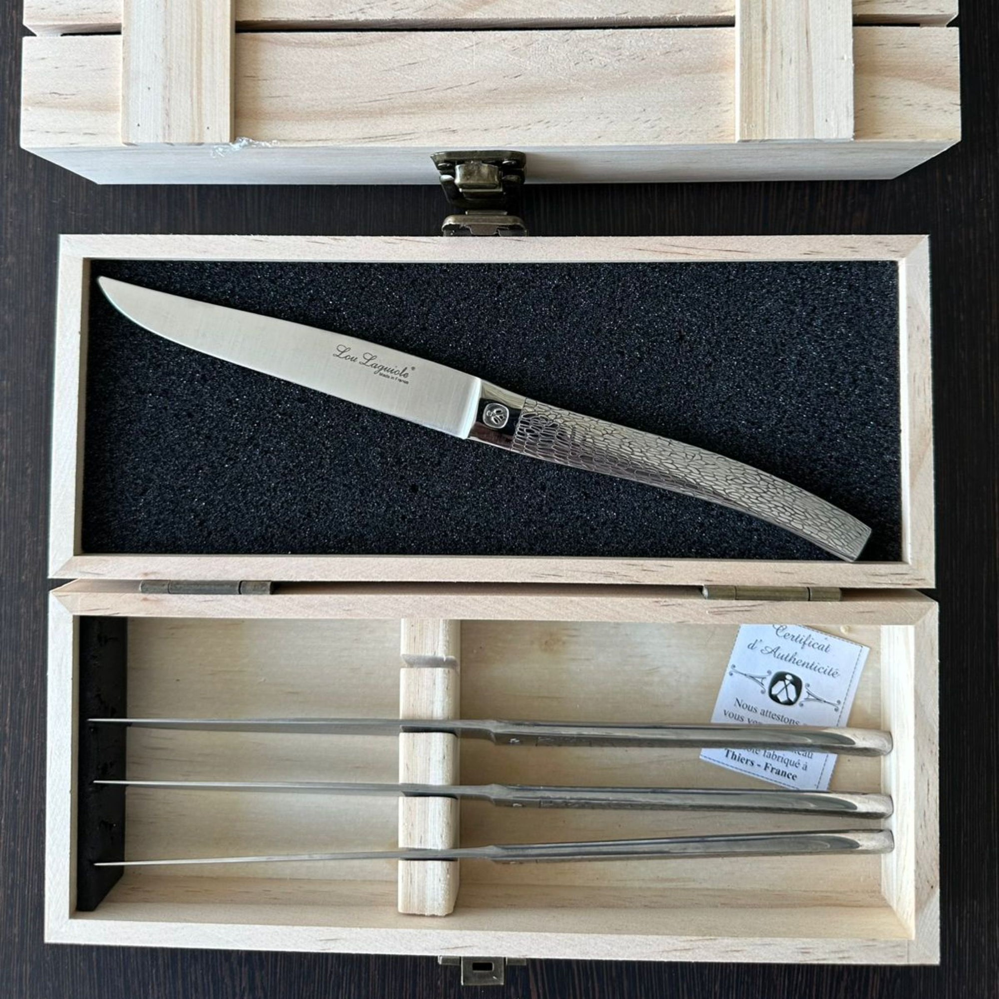 SET 4 CUCHILLOS CARNE ALPHONSE ECORCE LOU LAGUIOLE, CAJA MADERA🇫🇷