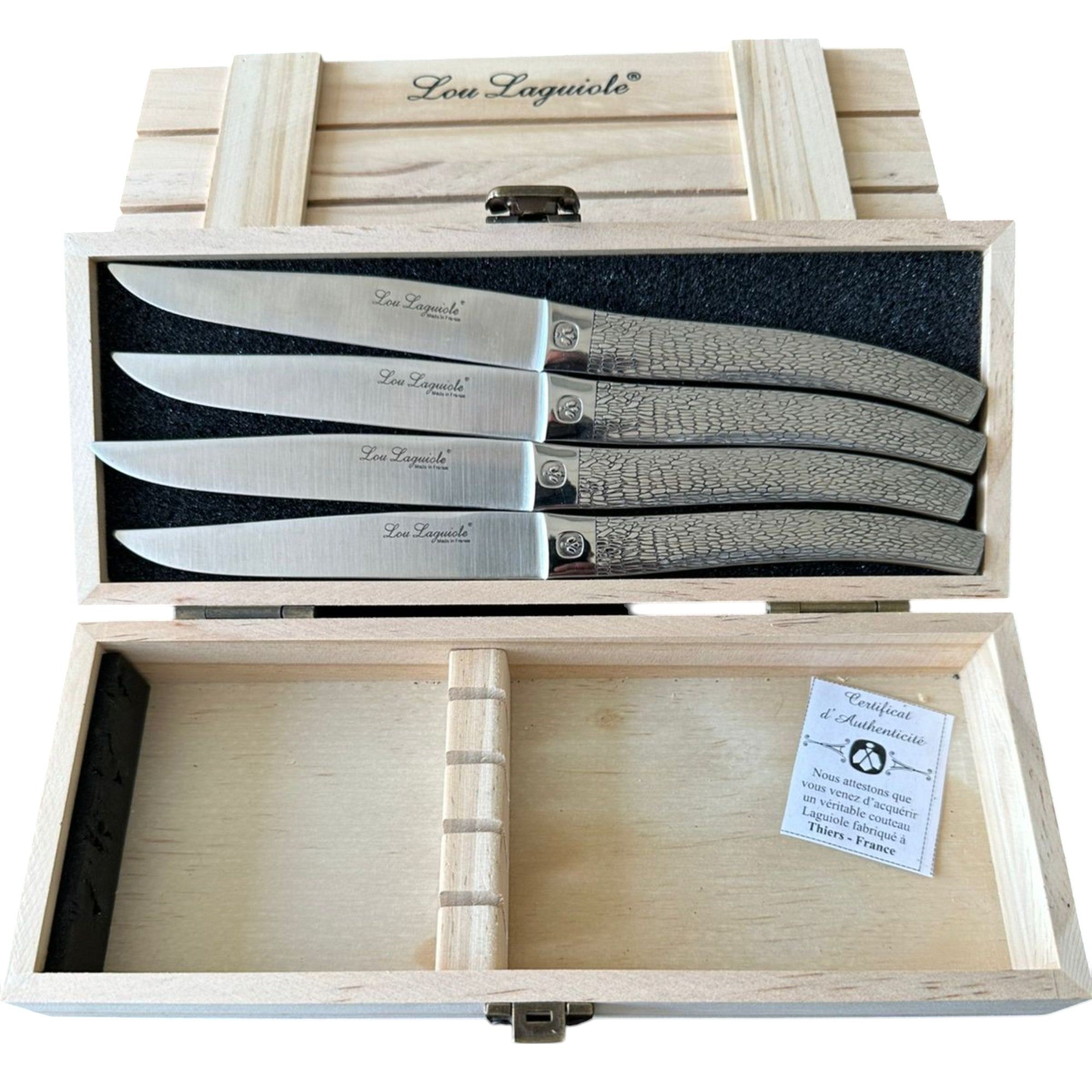 SET 4 CUCHILLOS CARNE ALPHONSE ECORCE LOU LAGUIOLE, CAJA MADERA🇫🇷