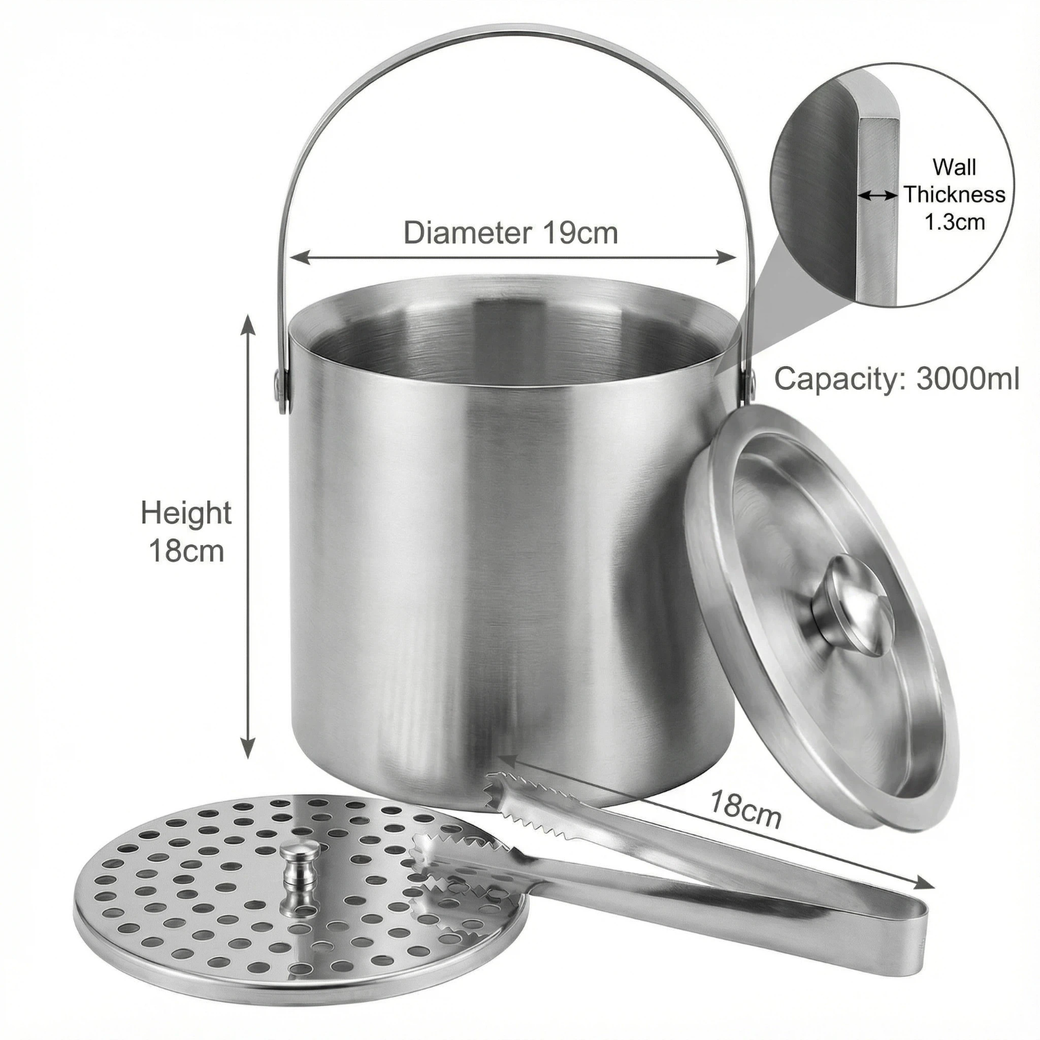 HIELERA ACERO INOX MATE TERMICA CON TAPA Y PINZAS, 3000 ML