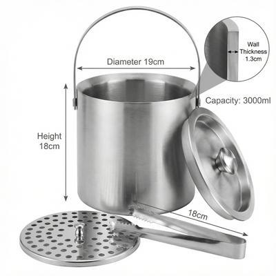 HIELERA ACERO INOX MATE TERMICA CON TAPA Y PINZAS, 3000 ML