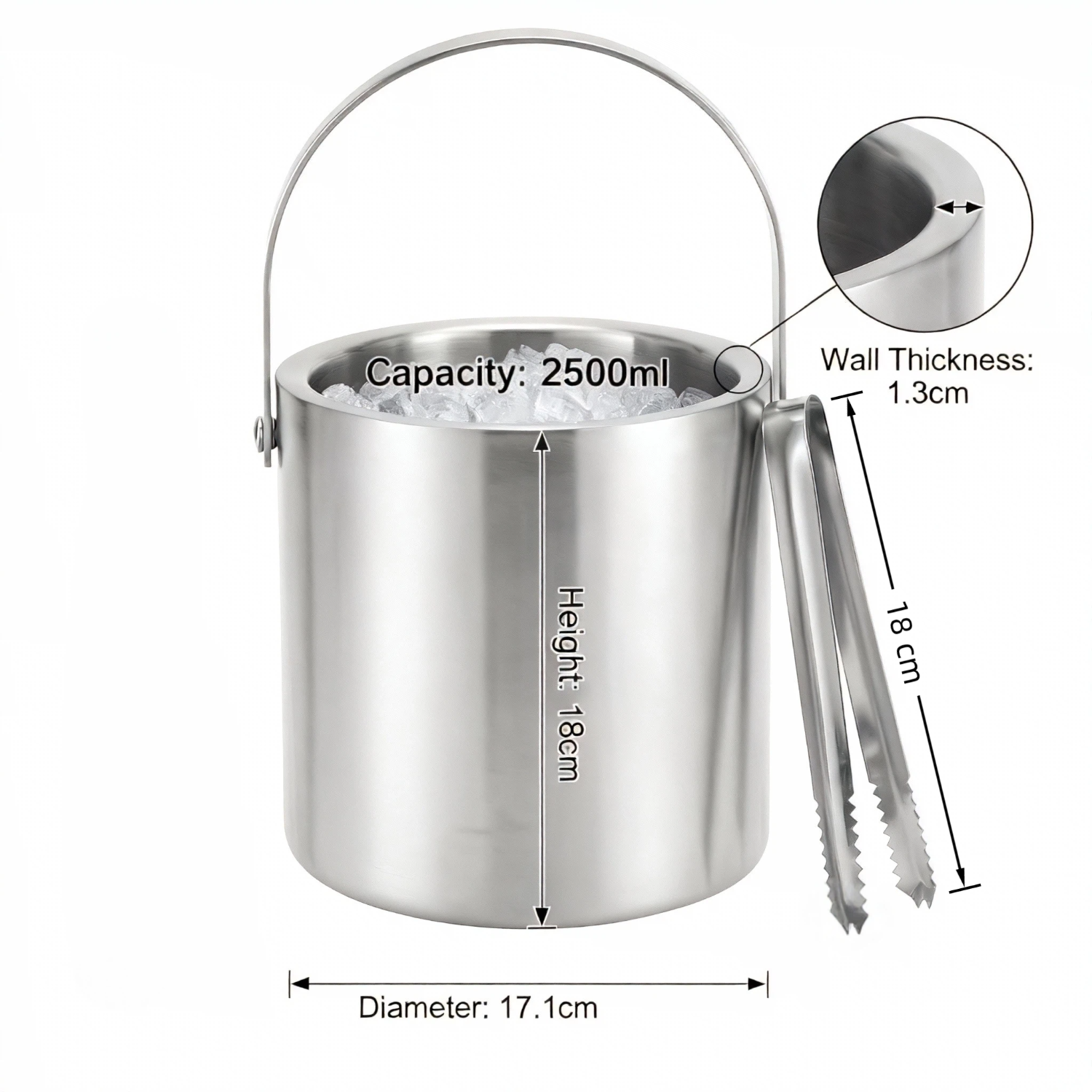 HIELERA ACERO INOX MATE TERMICA CON TAPA Y PINZAS, 2500 ML