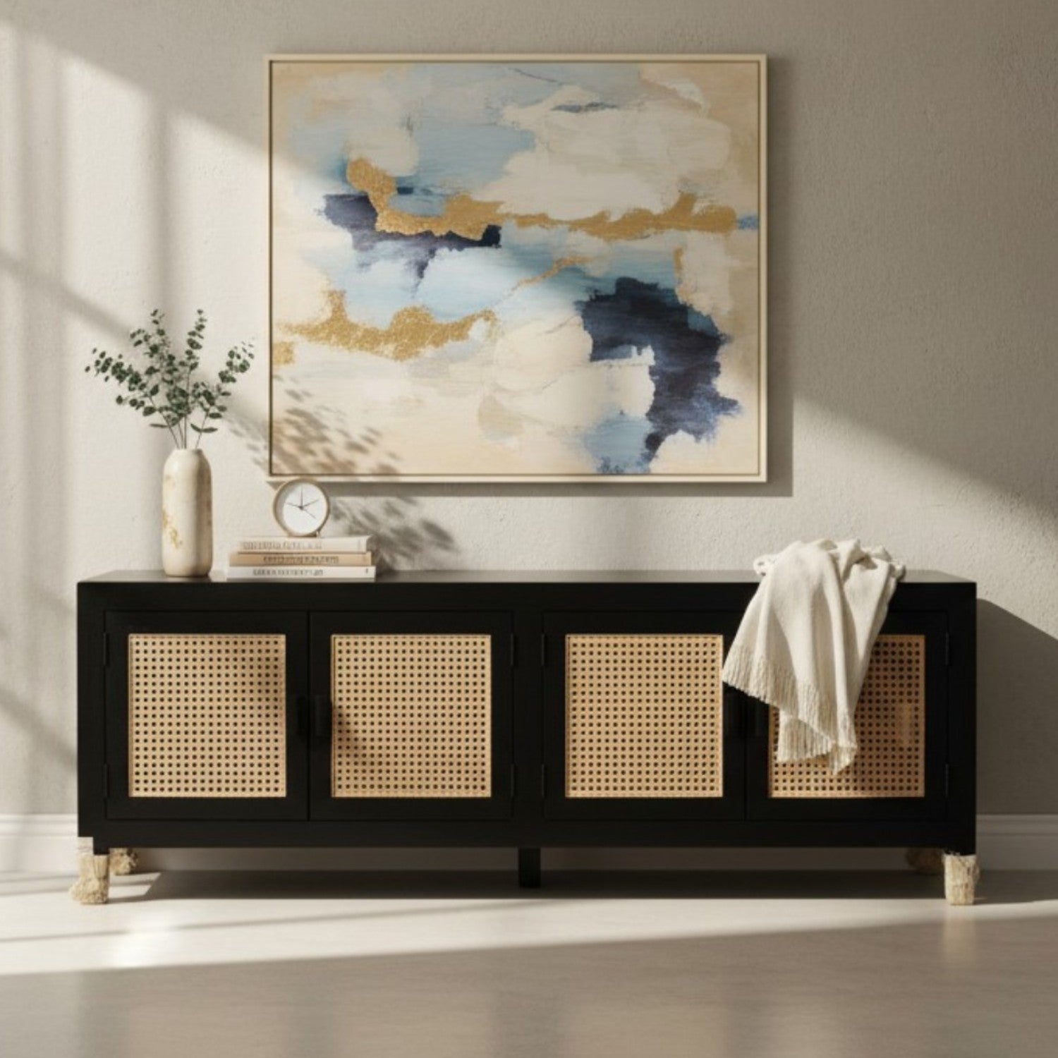 BUFFET NEGRO CON PUERTAS RAFIA, 160x70x45x CM