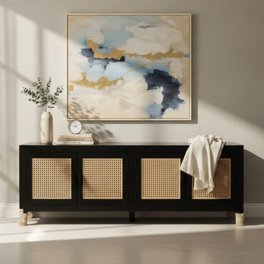 BUFFET NEGRO CON PUERTAS RAFIA, 160x70x45x CM