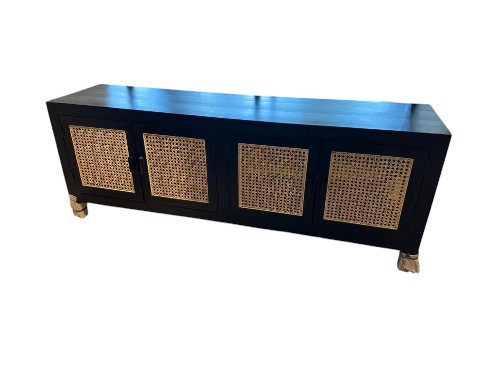BUFFET NEGRO CON PUERTAS RAFIA, 160x70x45x CM