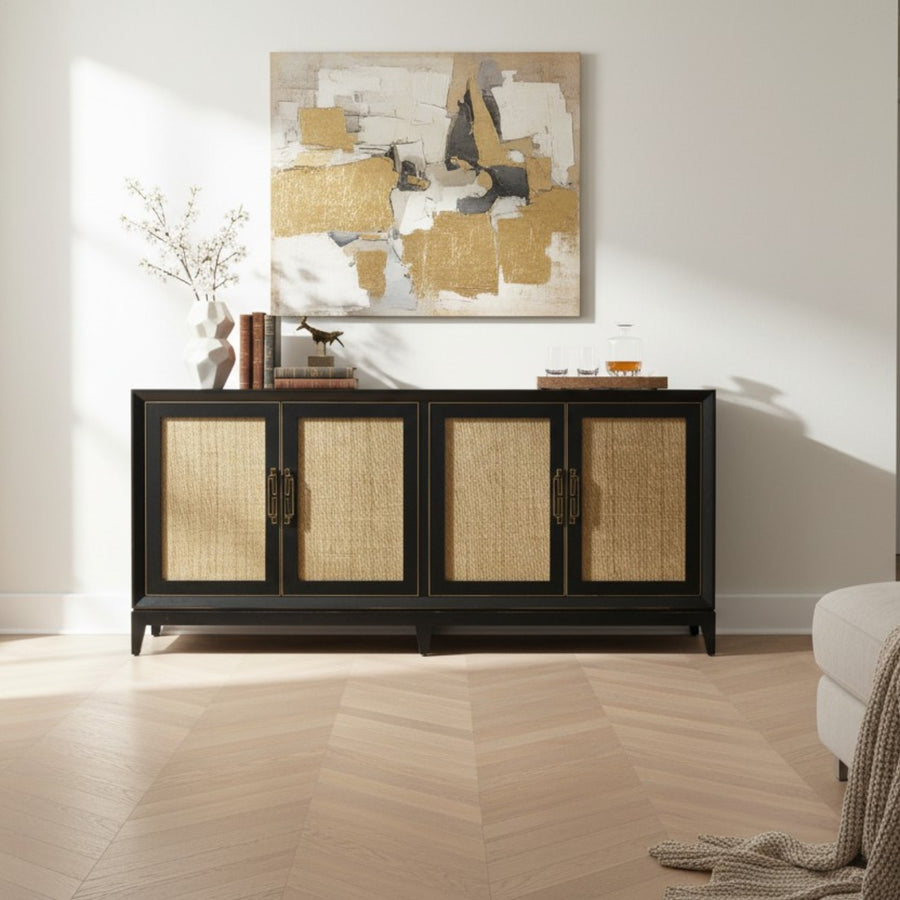 BUFFET NEGRO CON PUERTAS RAFIA, 180x40x80 CM