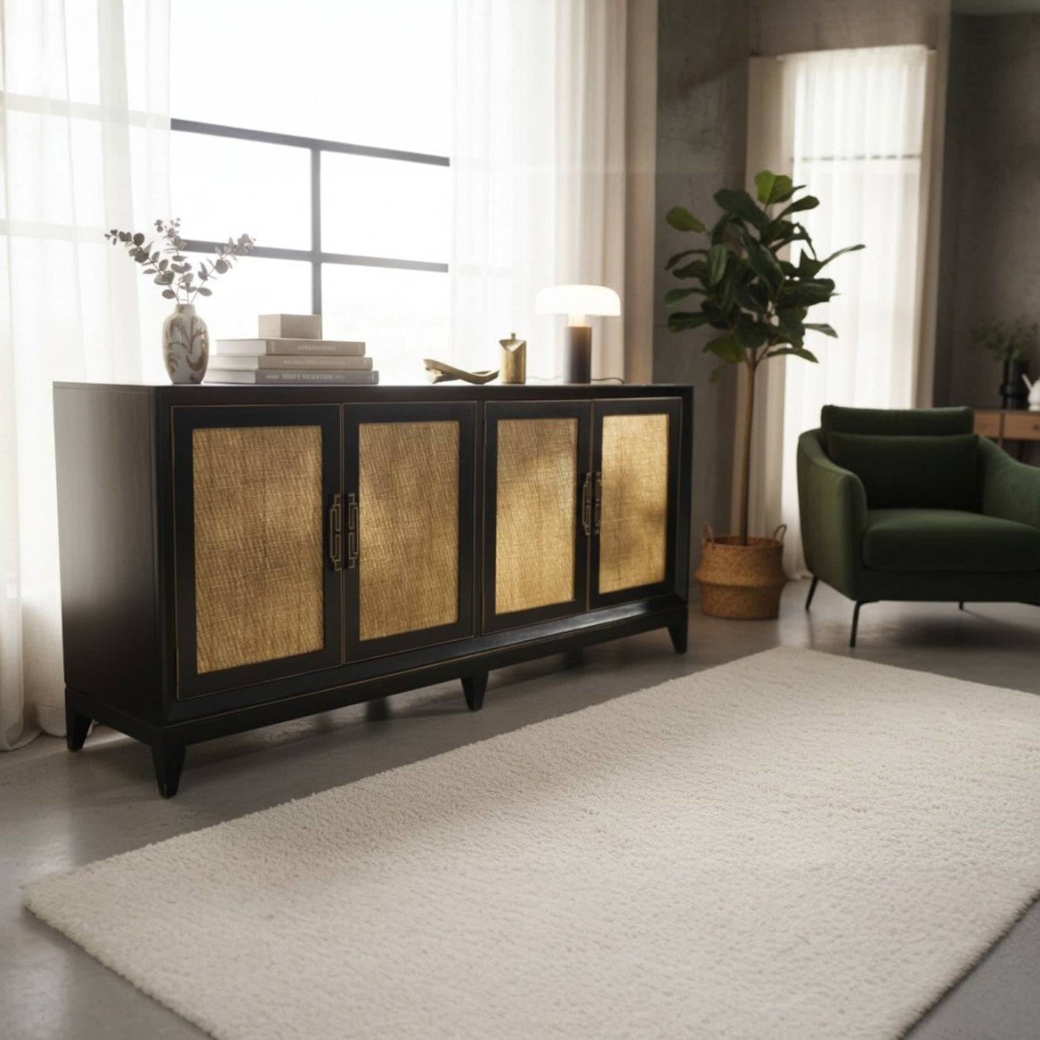 BUFFET NEGRO CON PUERTAS RAFIA, 180x40x80 CM