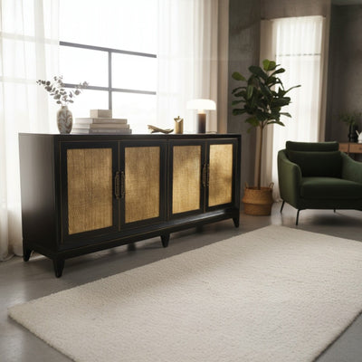 BUFFET NEGRO CON PUERTAS RAFIA, 180x40x80 CM
