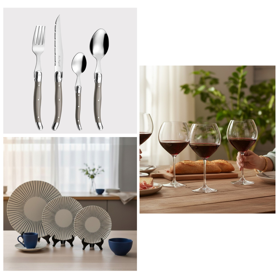 PACK MESA PUESTA ELEMENTO TAUPE SOPHIA, 6 PERSONAS, 66 PZ