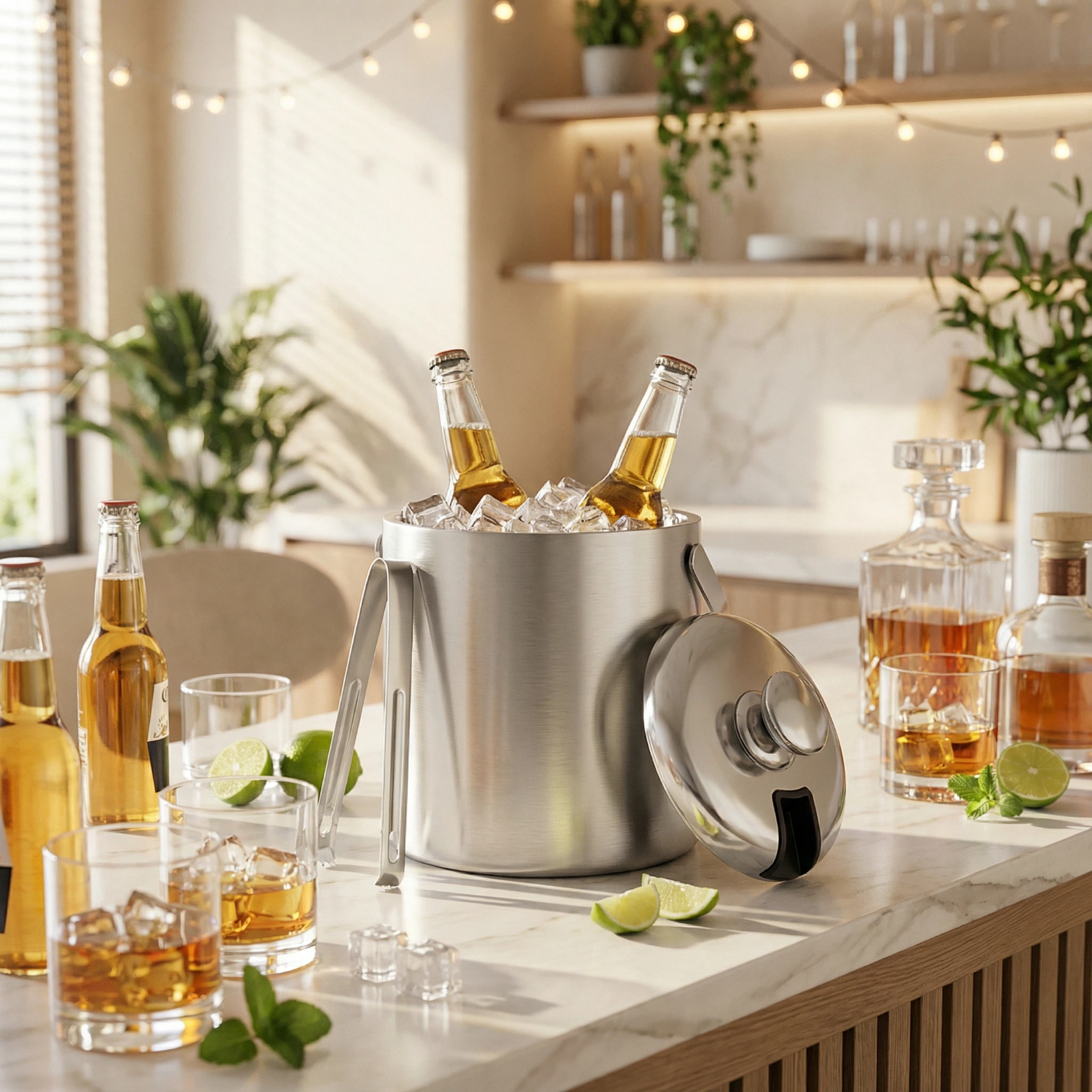 HIELERA ACERO INOX BRILLANTE TERMICA CON TAPA Y PINZAS, 3000 ML