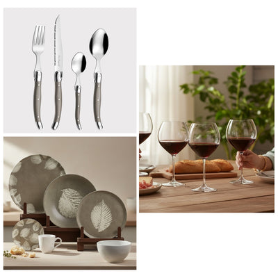 PACK MESA PUESTA SEIVA TAUPE SOPHIA, 6 PERSONAS, 66 PZ