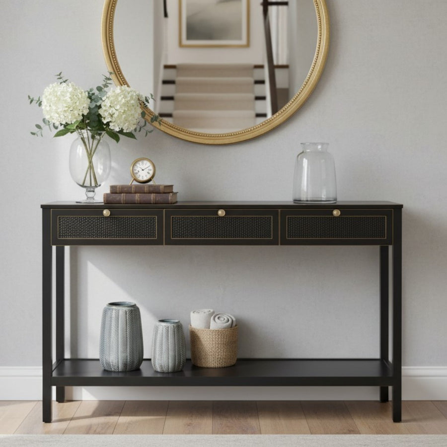 ARRIMO 3 CAJONES RATAN NEGRO,150x35x85 CM