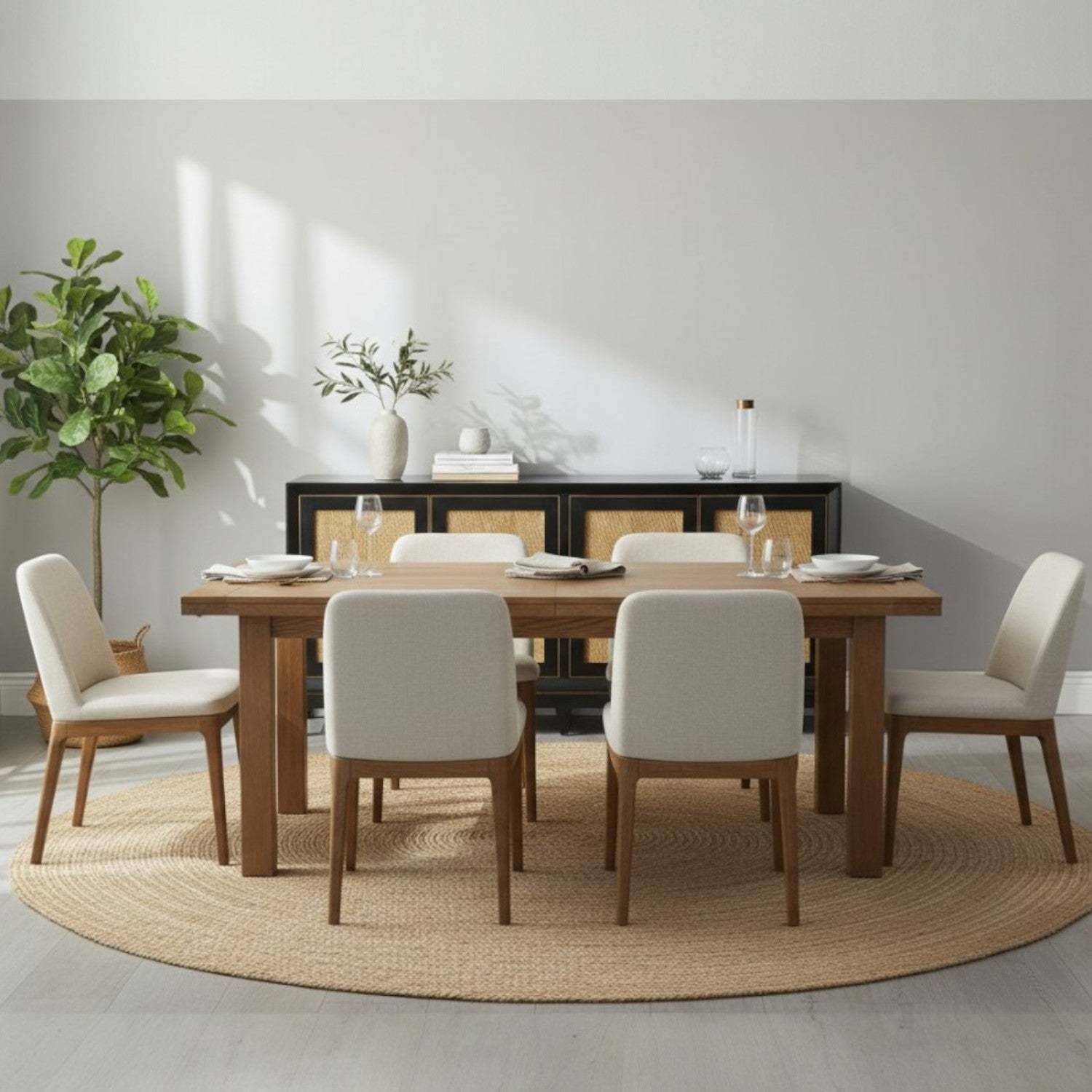 BUFFET NEGRO CON PUERTAS RAFIA, 180x40x80 CM