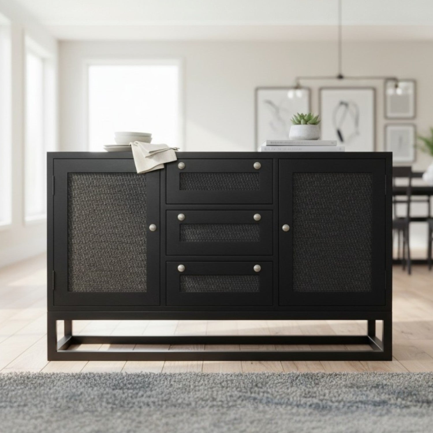 BUFFET NEGRO CON PUERTAS RAFIA, 160x40x 85 CM
