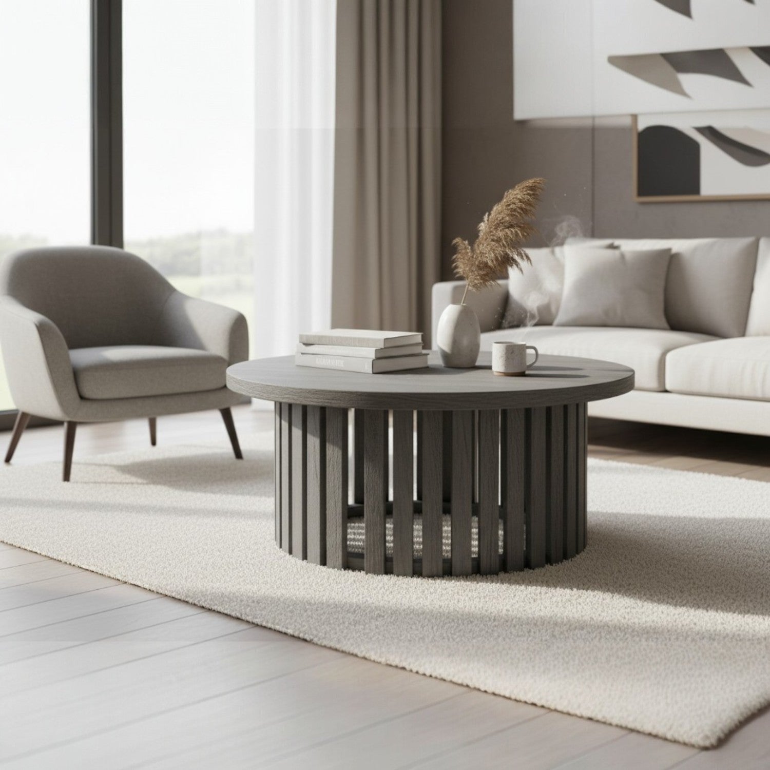 MESA CENTRO REDONDA GRIS MADERA, 80x40 CM